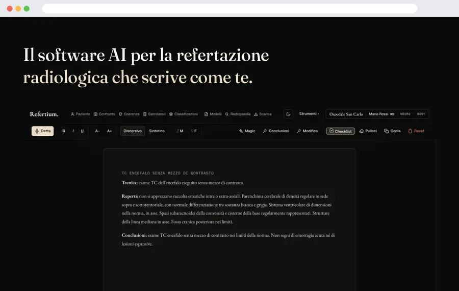 Sito di Refertium con titolo su fondo scuro e l’editor del software